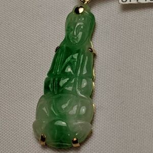 14K yellow gold green Jade lady buddha pendant